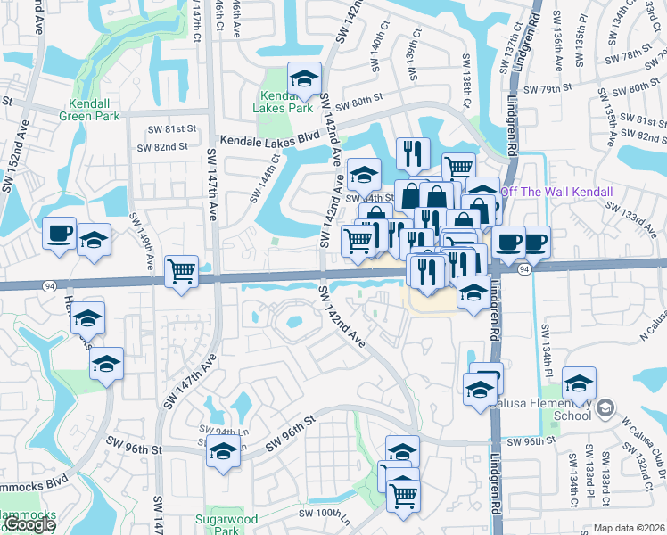 map of restaurants, bars, coffee shops, grocery stores, and more near 14165 Southwest 87th Street in Miami