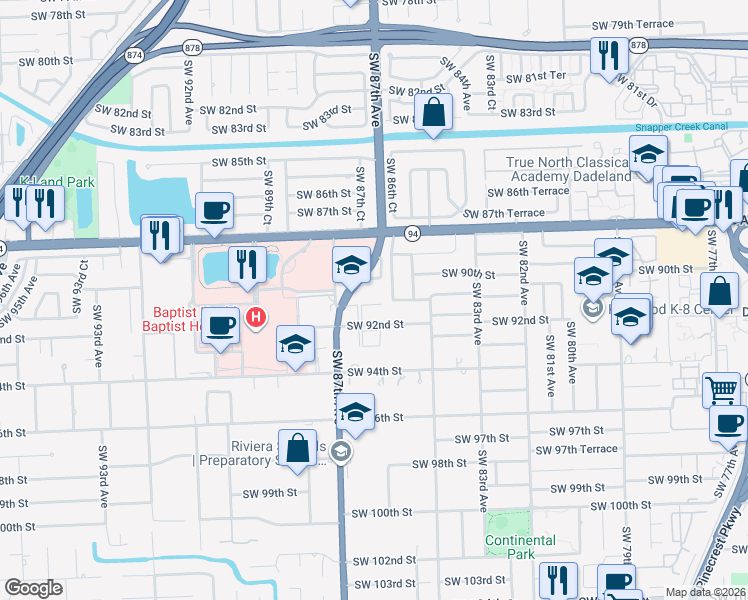map of restaurants, bars, coffee shops, grocery stores, and more near 9075 Southwest 87th Avenue in Miami