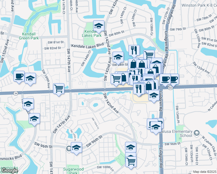 map of restaurants, bars, coffee shops, grocery stores, and more near 14165 Southwest 87th Street in Miami