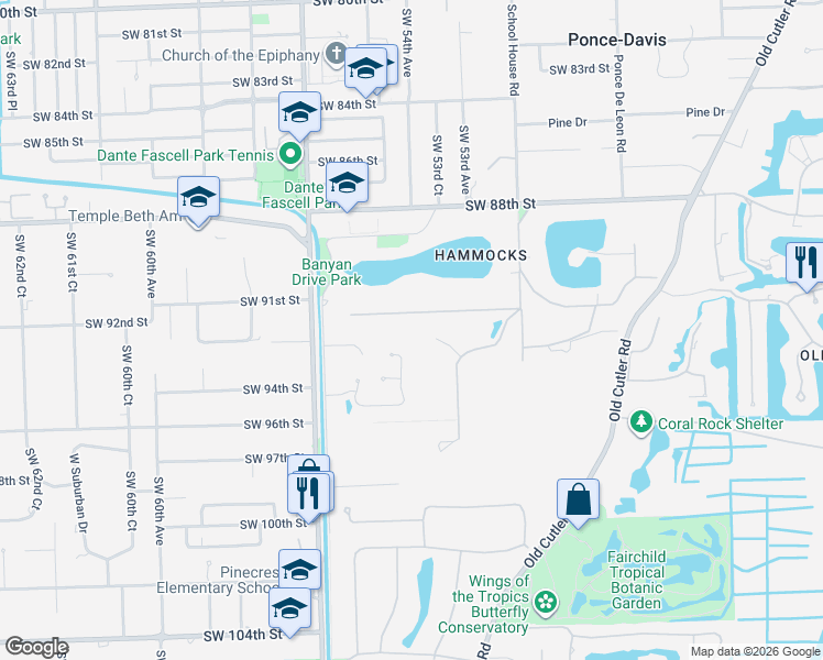 map of restaurants, bars, coffee shops, grocery stores, and more near 5440 Hammock Drive in Coral Gables