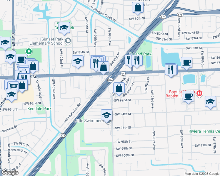 map of restaurants, bars, coffee shops, grocery stores, and more near 9000 Southwest 97th Avenue in Miami