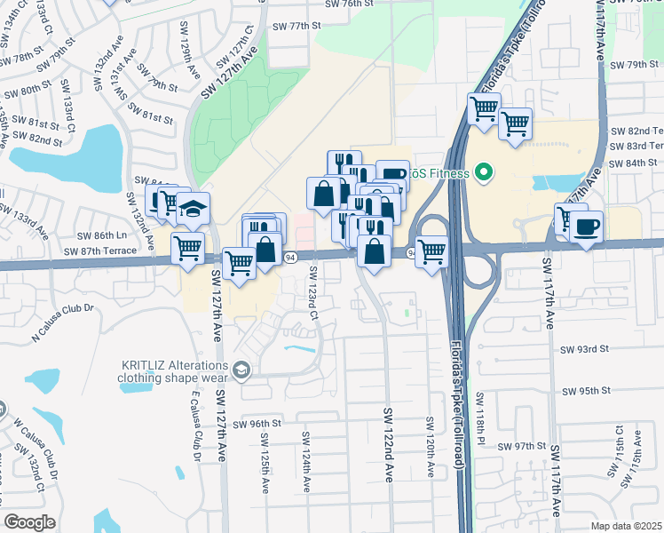 map of restaurants, bars, coffee shops, grocery stores, and more near 8811 Southwest 123rd Court in Miami