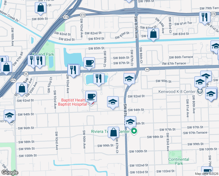map of restaurants, bars, coffee shops, grocery stores, and more near 9502 Southwest 88th Avenue in Miami