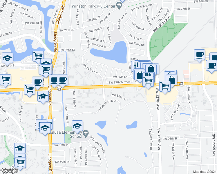 map of restaurants, bars, coffee shops, grocery stores, and more near 13040 Southwest 88th Street in Miami