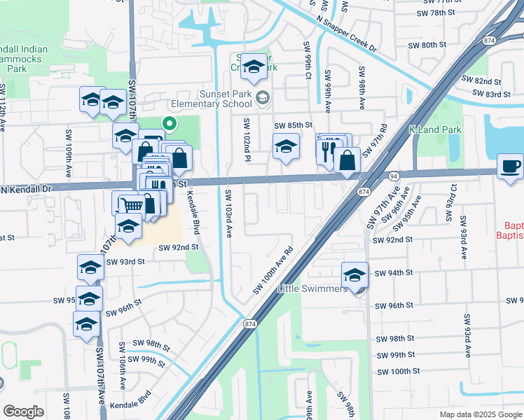map of restaurants, bars, coffee shops, grocery stores, and more near 8925 Southwest 102nd Court in Miami