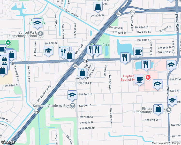 map of restaurants, bars, coffee shops, grocery stores, and more near 8920 Southwest 95th Avenue in Miami