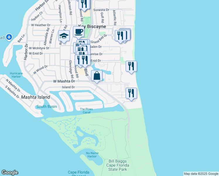 map of restaurants, bars, coffee shops, grocery stores, and more near 230 Seaview Drive in Key Biscayne