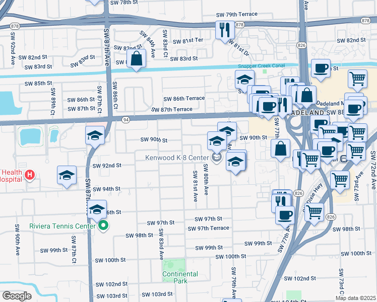map of restaurants, bars, coffee shops, grocery stores, and more near 8060 Southwest 90th Terrace in Miami