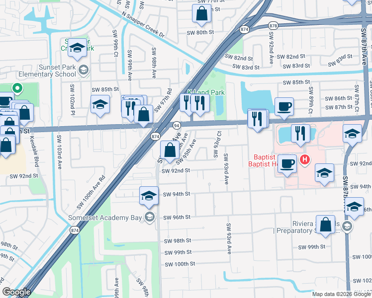 map of restaurants, bars, coffee shops, grocery stores, and more near 8920 Southwest 95th Avenue in Miami