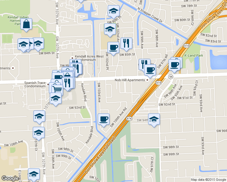 map of restaurants, bars, coffee shops, grocery stores, and more near 8925 Southwest 102nd Court in Miami
