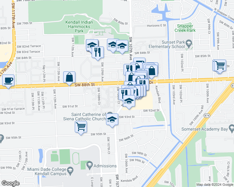 map of restaurants, bars, coffee shops, grocery stores, and more near 10796 North Kendall Drive in Miami