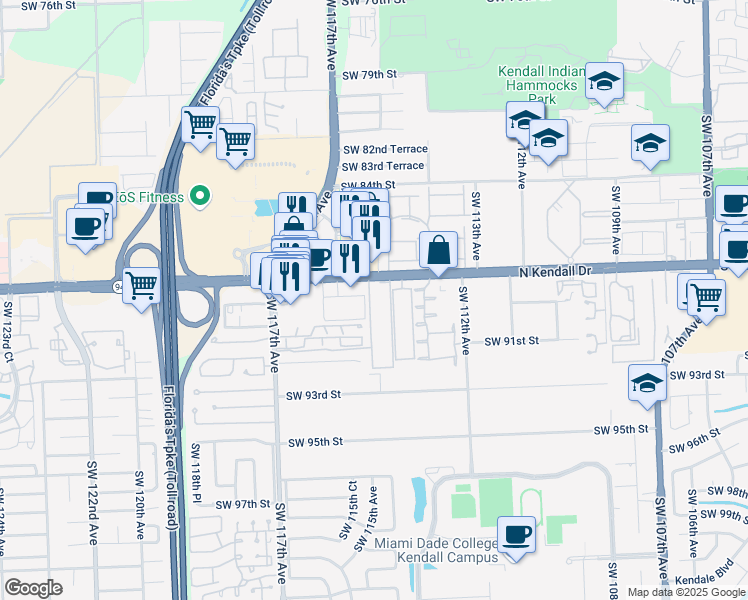 map of restaurants, bars, coffee shops, grocery stores, and more near 8807 Southwest 113th Place Circle East in Miami