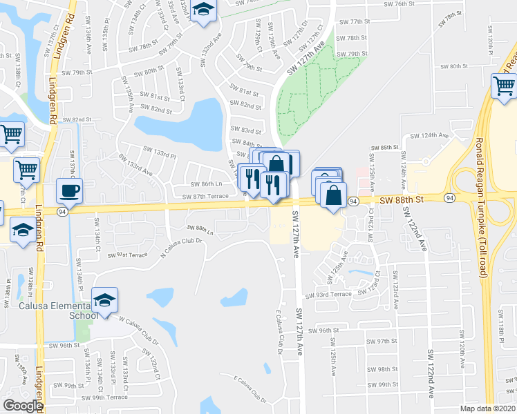 map of restaurants, bars, coffee shops, grocery stores, and more near 13027 Southwest 88th Street in Miami