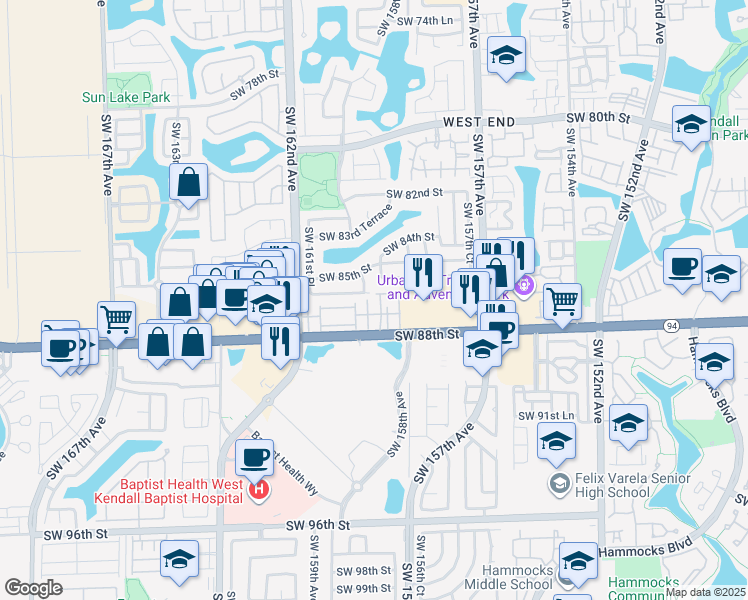 map of restaurants, bars, coffee shops, grocery stores, and more near 8625 Southwest 159th Place in Miami