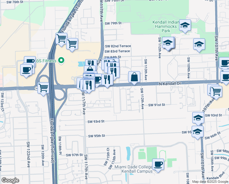 map of restaurants, bars, coffee shops, grocery stores, and more near 8807 Southwest 113th Place Circle East in Miami