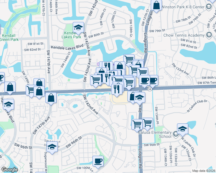 map of restaurants, bars, coffee shops, grocery stores, and more near 14001 Southwest 88th Street in Miami