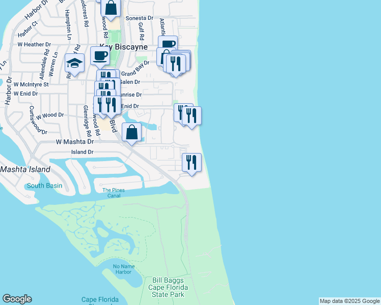 map of restaurants, bars, coffee shops, grocery stores, and more near 881 Ocean Drive in Key Biscayne