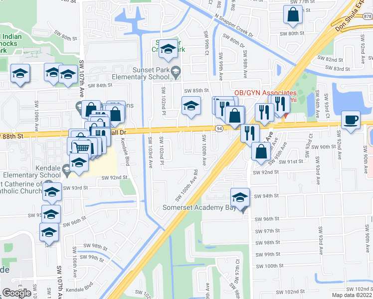 map of restaurants, bars, coffee shops, grocery stores, and more near 385 Southwest 100th Court in Miami