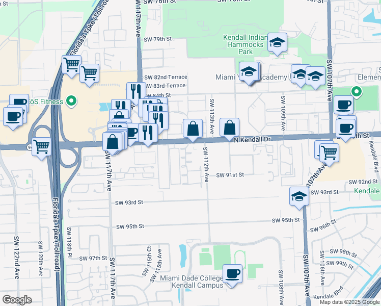 map of restaurants, bars, coffee shops, grocery stores, and more near 11240 Southwest 88th Street in Miami