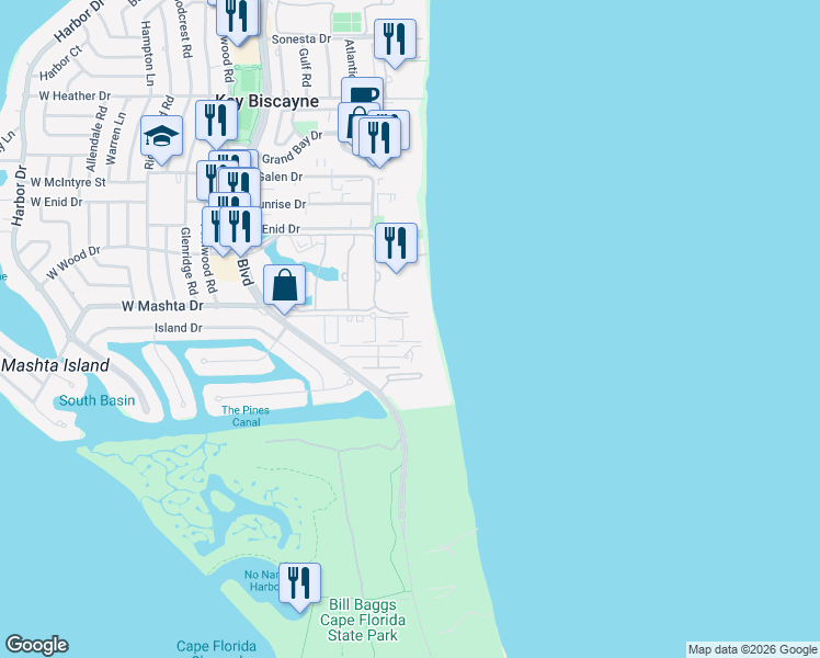 map of restaurants, bars, coffee shops, grocery stores, and more near 881 Ocean Drive in Key Biscayne