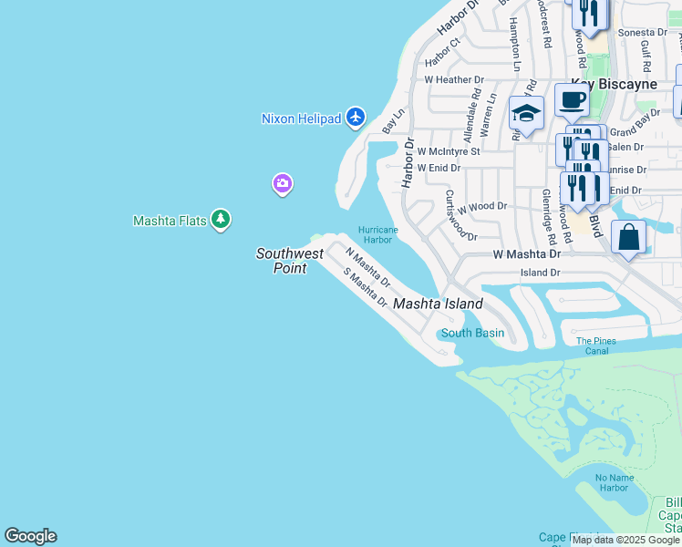 map of restaurants, bars, coffee shops, grocery stores, and more near 700 North Mashta Drive in Key Biscayne