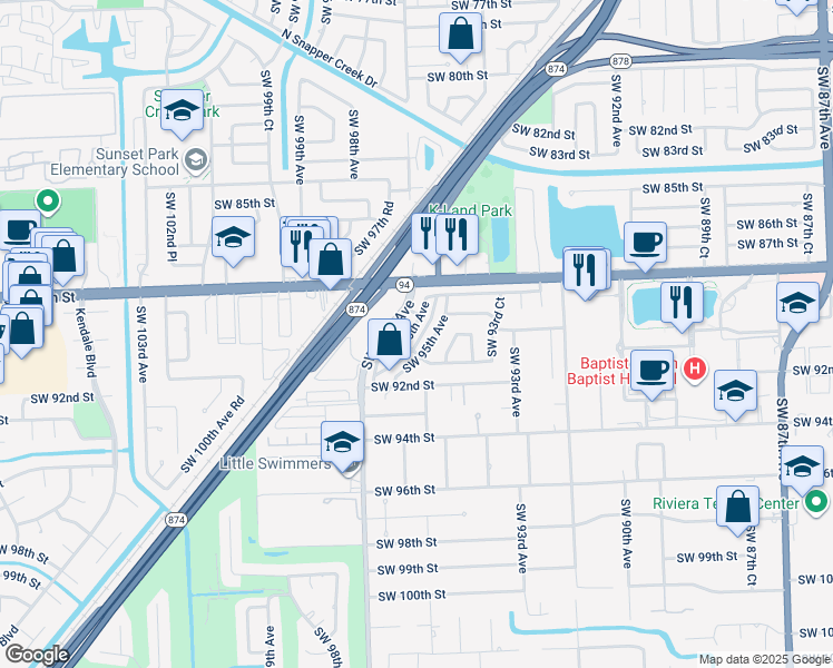 map of restaurants, bars, coffee shops, grocery stores, and more near 8920 Southwest 95th Avenue in Miami