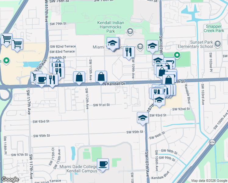 map of restaurants, bars, coffee shops, grocery stores, and more near 10900 Southwest 88th Street in Miami
