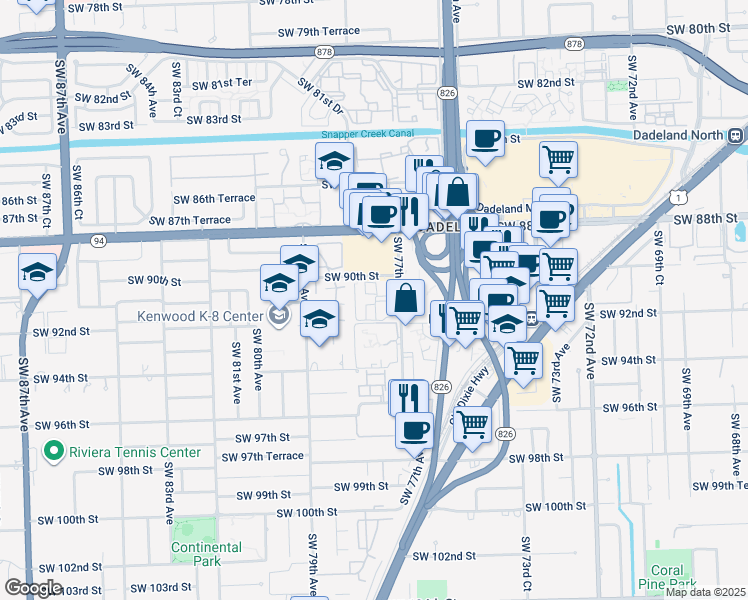 map of restaurants, bars, coffee shops, grocery stores, and more near 7750 Southwest 90th Street in Kendall