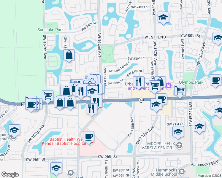 map of restaurants, bars, coffee shops, grocery stores, and more near 16083 Southwest 86th Terrace in Miami