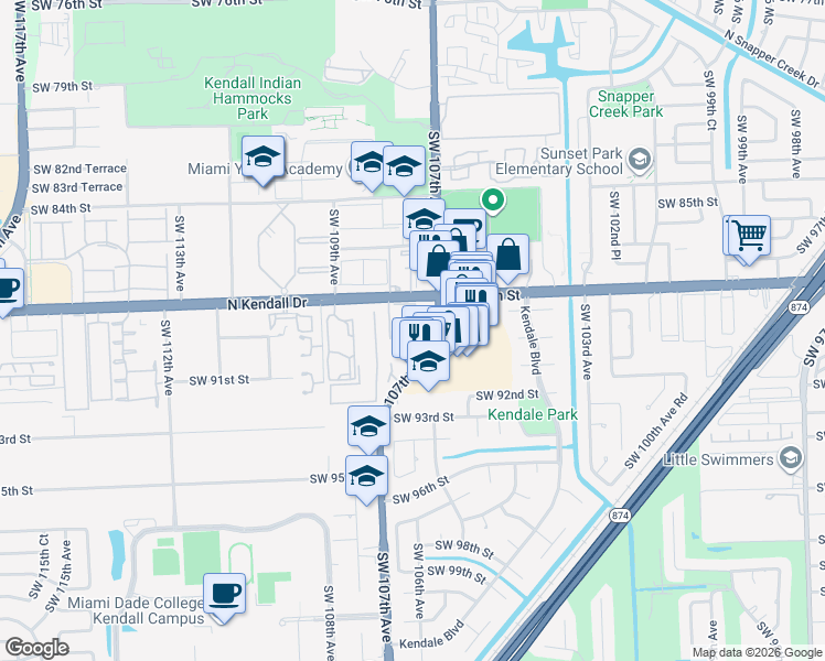 map of restaurants, bars, coffee shops, grocery stores, and more near 10748 North Kendall Drive in Miami