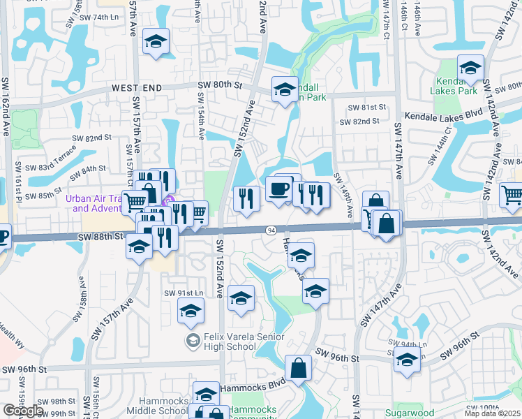 map of restaurants, bars, coffee shops, grocery stores, and more near 8665 Southwest 152nd Avenue in Miami