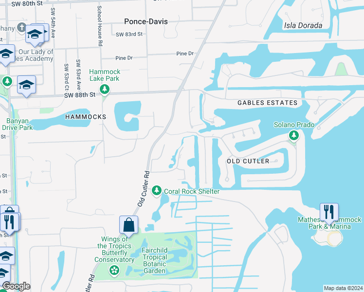 map of restaurants, bars, coffee shops, grocery stores, and more near 9580 Journey's End Road in Coral Gables