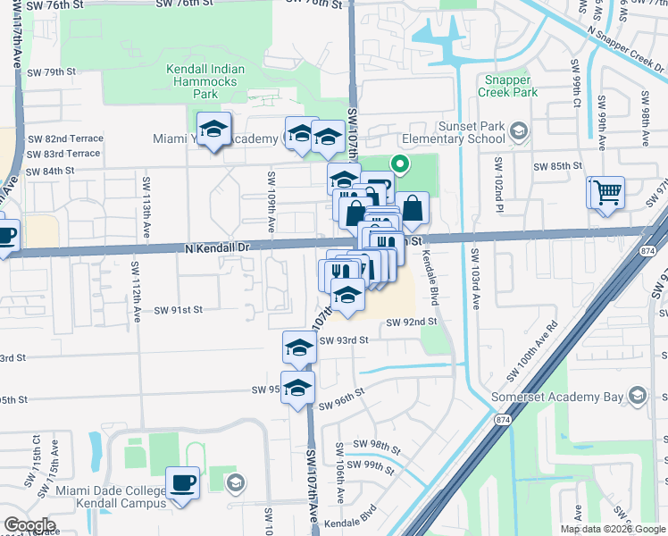 map of restaurants, bars, coffee shops, grocery stores, and more near 10748 North Kendall Drive in Miami