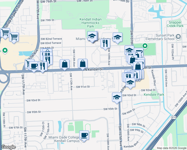map of restaurants, bars, coffee shops, grocery stores, and more near 10900 Southwest 88th Street in Miami