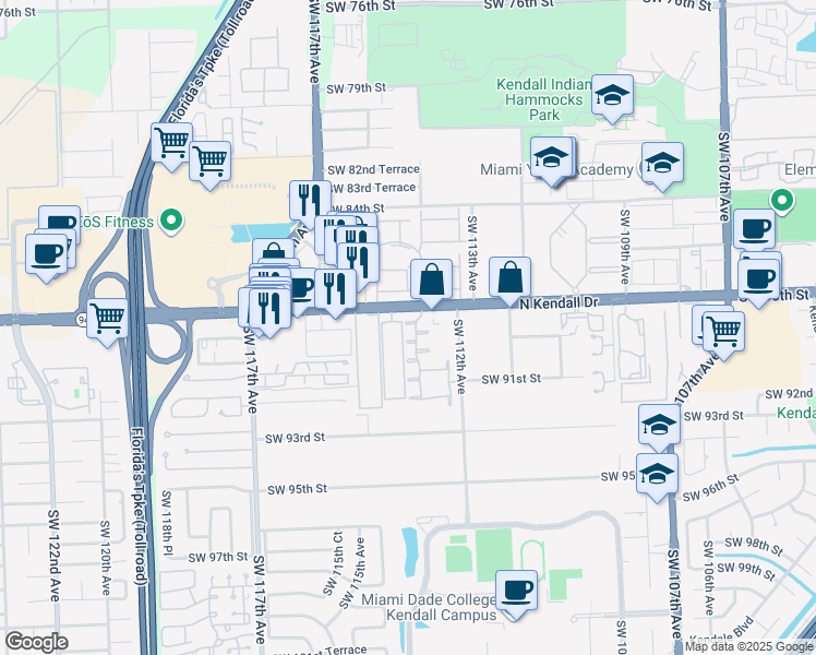 map of restaurants, bars, coffee shops, grocery stores, and more near 11310 Southwest 88th Terrace in Miami
