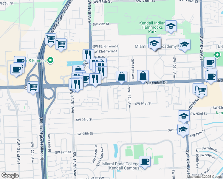 map of restaurants, bars, coffee shops, grocery stores, and more near 11310 Southwest 88th Terrace in Miami