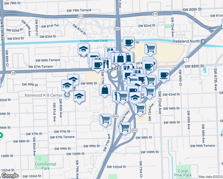 map of restaurants, bars, coffee shops, grocery stores, and more near 9143 Southwest 77th Avenue in Miami