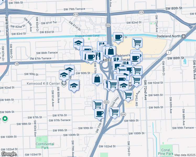 map of restaurants, bars, coffee shops, grocery stores, and more near 9125 Southwest 77th Avenue in Miami