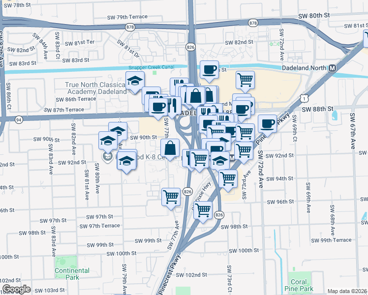 map of restaurants, bars, coffee shops, grocery stores, and more near 9143 Southwest 77th Avenue in Miami