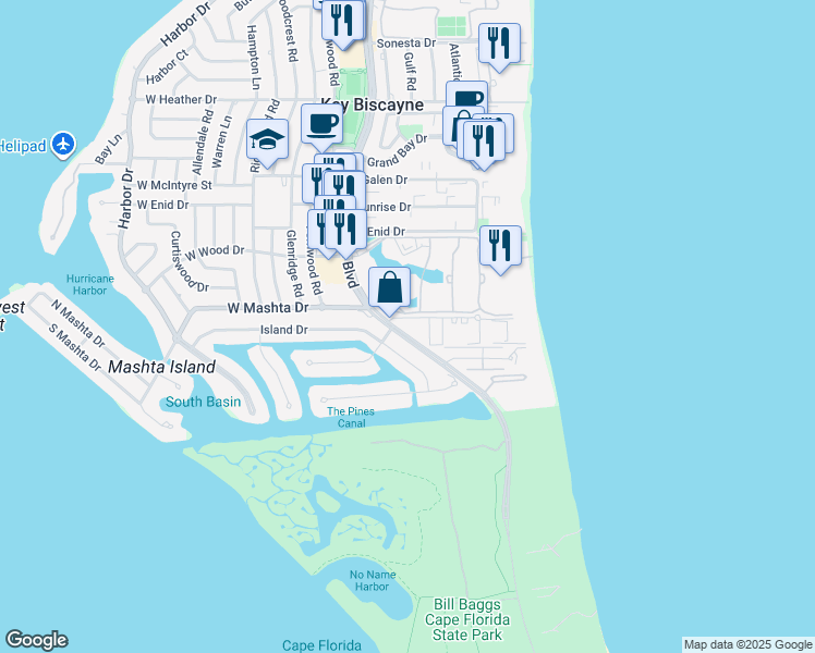 map of restaurants, bars, coffee shops, grocery stores, and more near 907 Crandon Boulevard in Key Biscayne