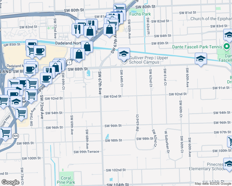 map of restaurants, bars, coffee shops, grocery stores, and more near 6487 SW 92nd Street in Miami