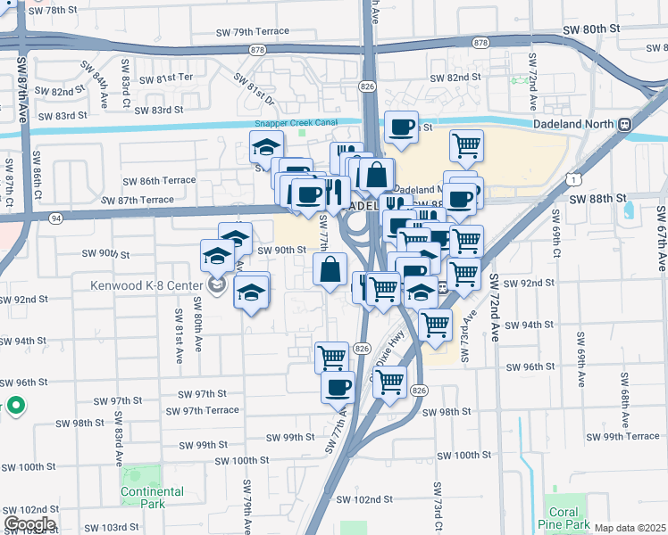 map of restaurants, bars, coffee shops, grocery stores, and more near 9125 Southwest 77th Avenue in Miami