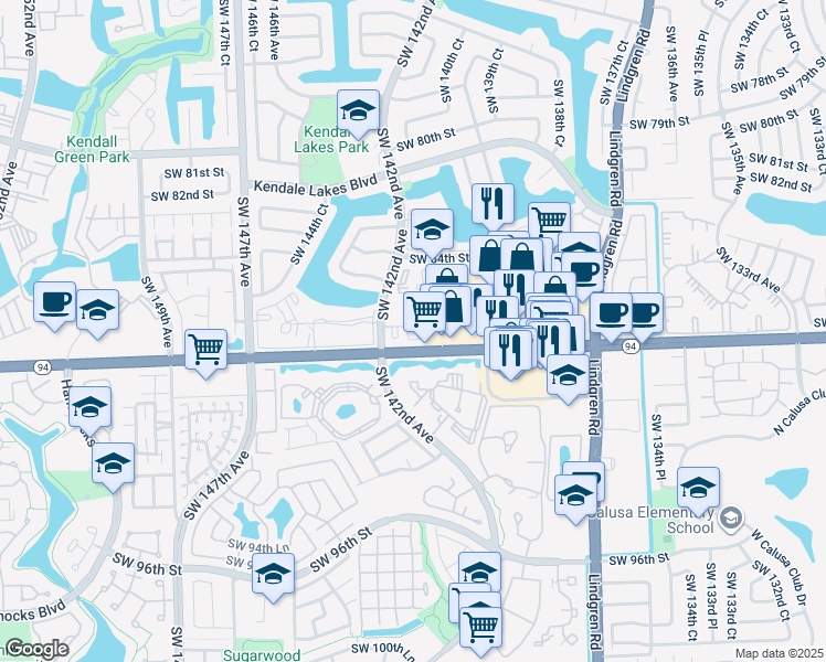 map of restaurants, bars, coffee shops, grocery stores, and more near 14165 Southwest 87th Street in Miami