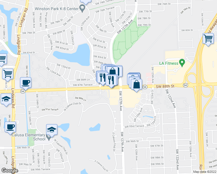 map of restaurants, bars, coffee shops, grocery stores, and more near 12781 SW 88th St in Miami