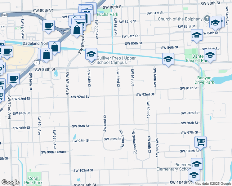 map of restaurants, bars, coffee shops, grocery stores, and more near 6255 Southwest 92nd Street in Miami