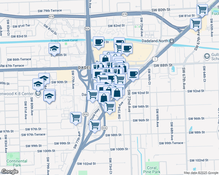 map of restaurants, bars, coffee shops, grocery stores, and more near 9075 South Dadeland Boulevard in Kendall