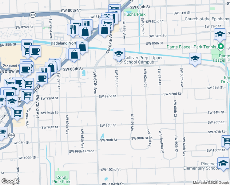 map of restaurants, bars, coffee shops, grocery stores, and more near 6487 SW 92nd Street in Miami