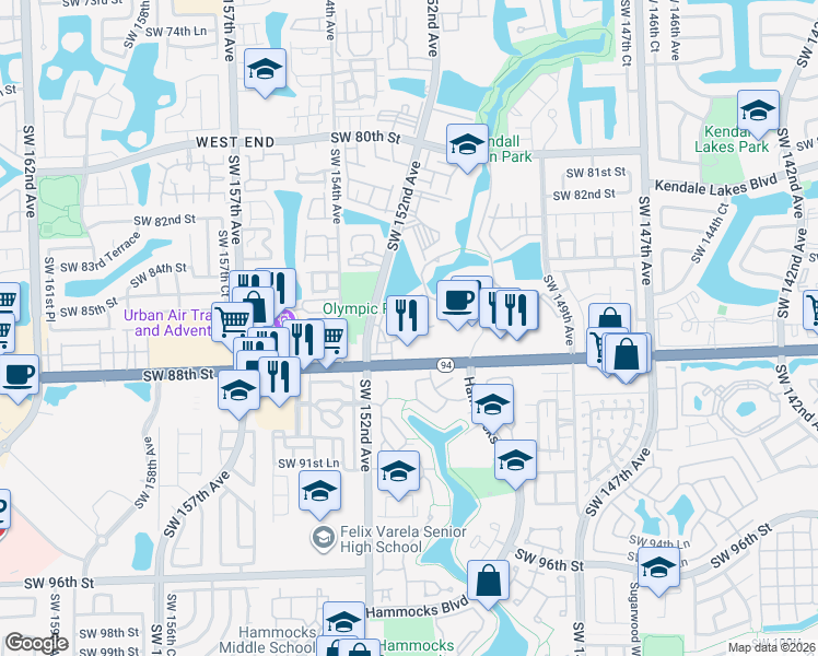 map of restaurants, bars, coffee shops, grocery stores, and more near 8665 Southwest 152nd Avenue in Miami