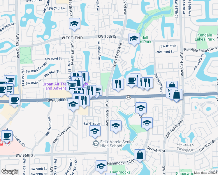 map of restaurants, bars, coffee shops, grocery stores, and more near 8595 Southwest 152nd Avenue in Miami