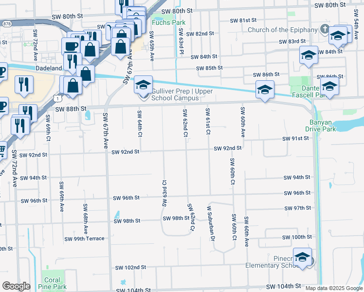 map of restaurants, bars, coffee shops, grocery stores, and more near 6255 SW 92nd Street in Miami